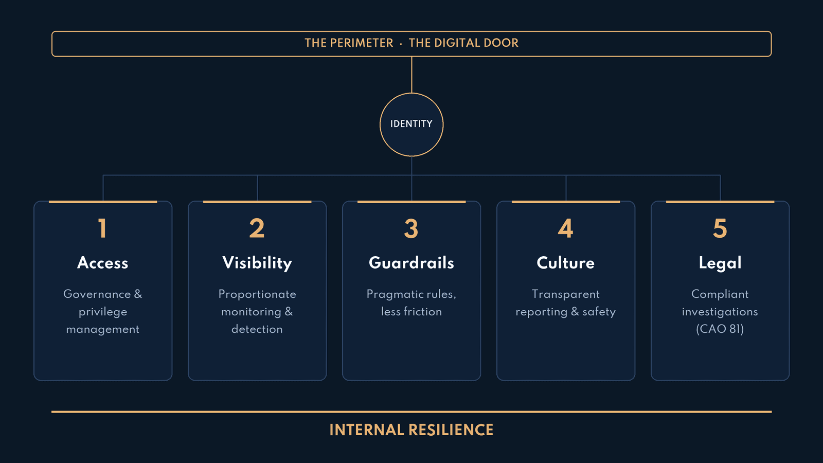 Diagram of the five pillars of internal resilience: access, visibility, guardrails, culture and legal, sitting beneath the perimeter and identity layers